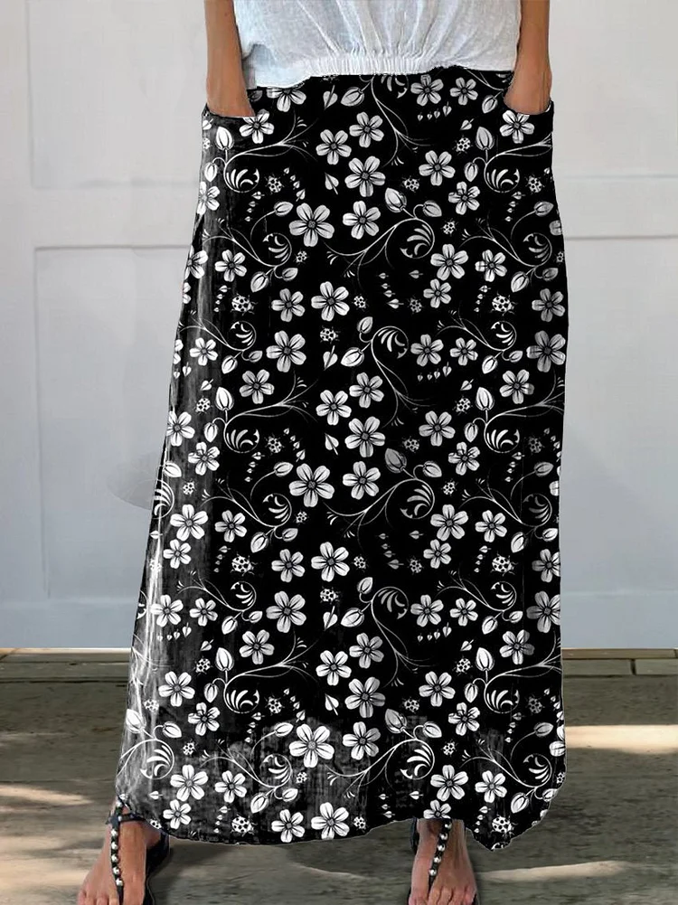 Women's Vintage Floral Art Linen Pocket Skirt