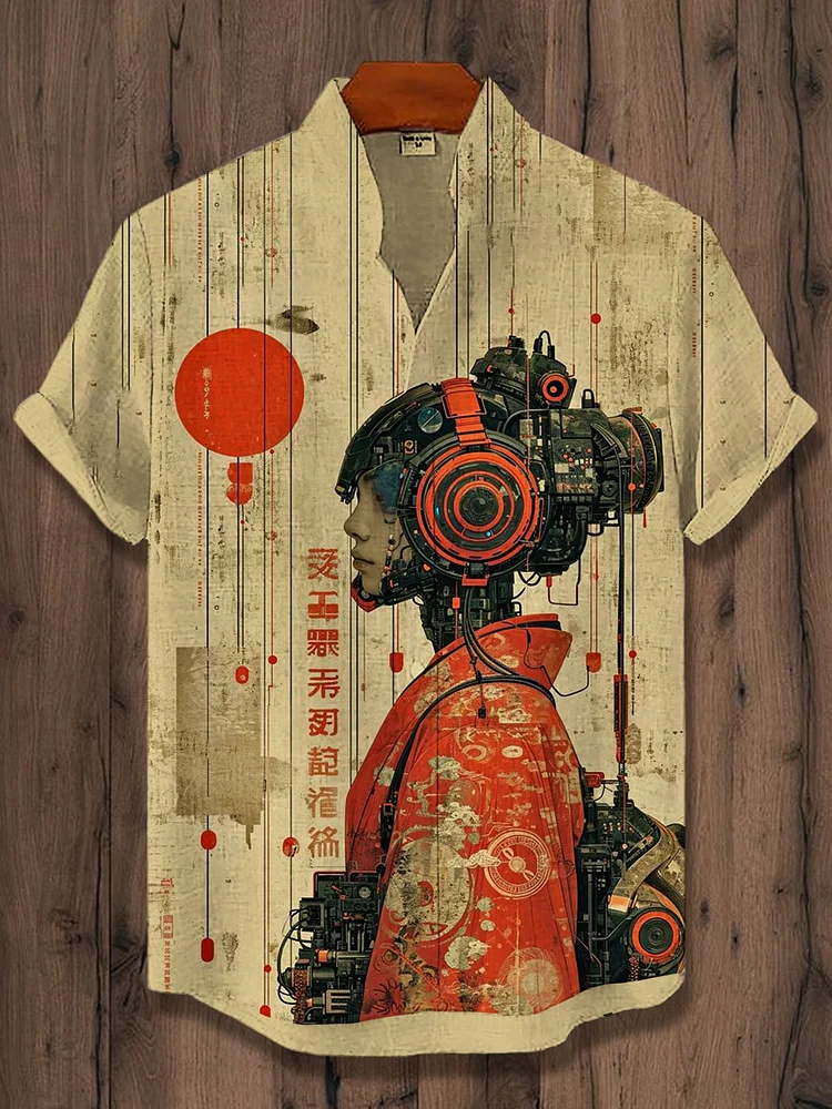 Men's Japanese Kimono Bionic Girl Print Casual Shirt