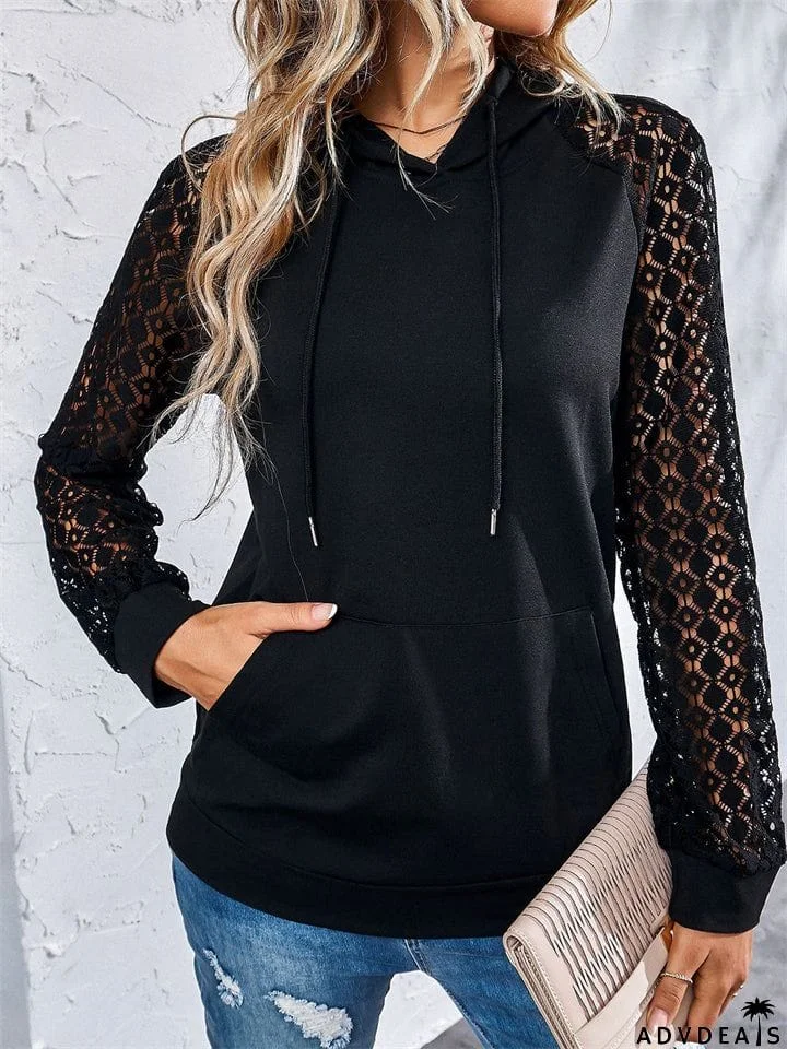 Female Trendy Lace Raglan Sleeve Splicing Pullover Hoodies