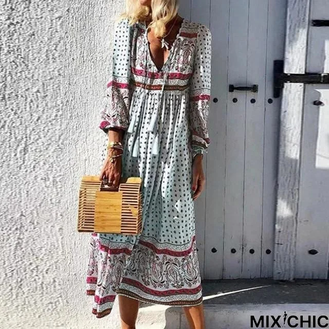 Women V-Neck Lace-Up Tassel Autumn Dress Plus Size Long Sleeve Floral Print Party Maxi Dress