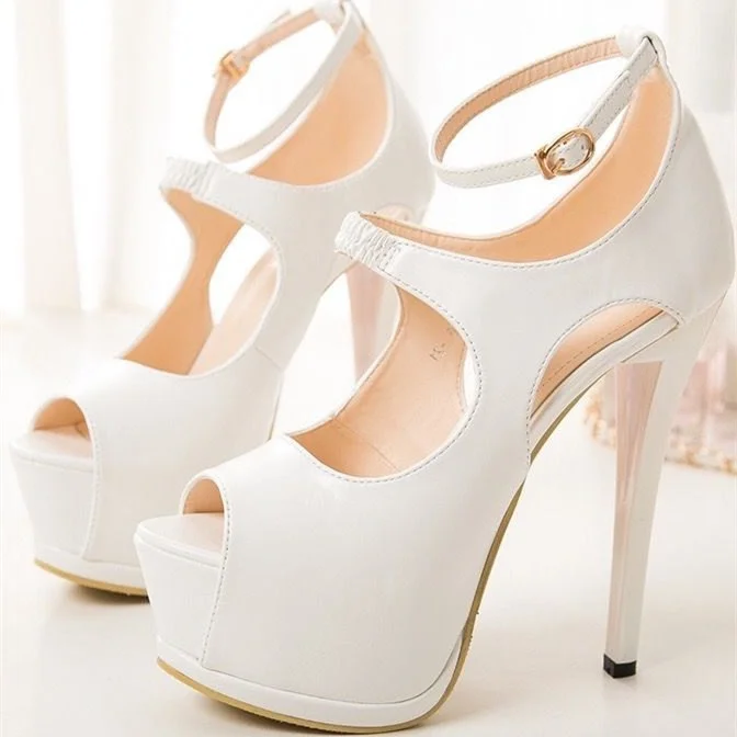 Women's White Platform Heels Peep Toe Heels Ankle Strap Sandals |FSJ Shoes