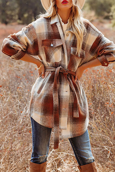 Casual Plaid Pocket Buckle With Belt Turndown Collar Outerwear