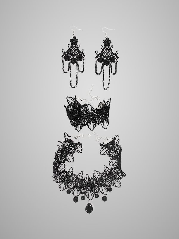 Gothic Style Black Lace Flower Tassel Earrings Necklace Bracelet Set