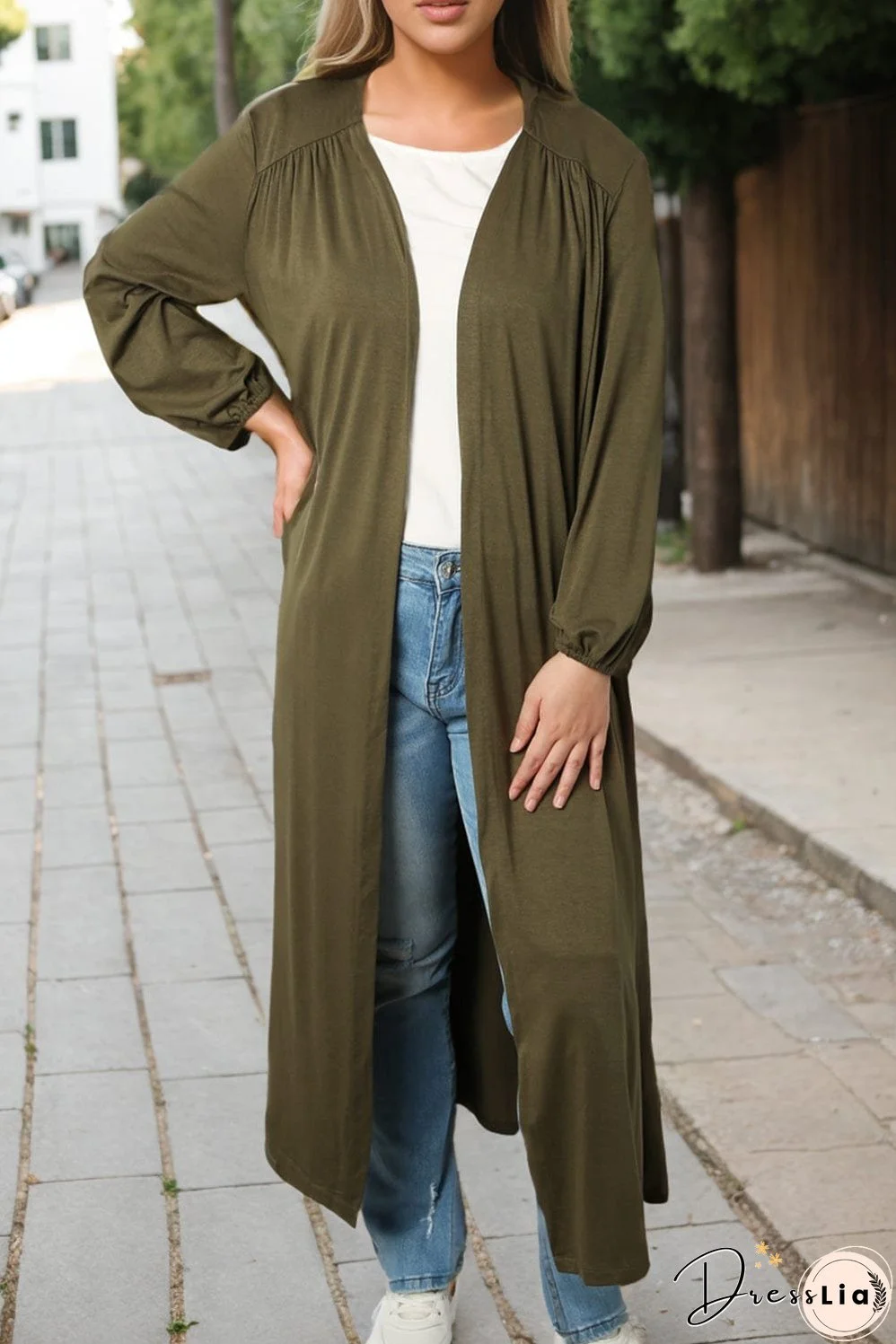 Green V-Neck Maxi Duster Cardigan with Captivating Patterns and Textures