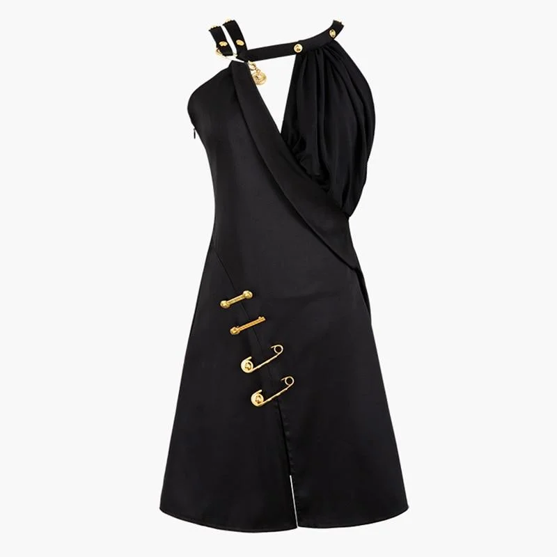 ABEBEY  Patchwork Metal Pin Dress For Women Asymmetrical Collar Sleeveless High Waist Black Dresses Female Summer Tide