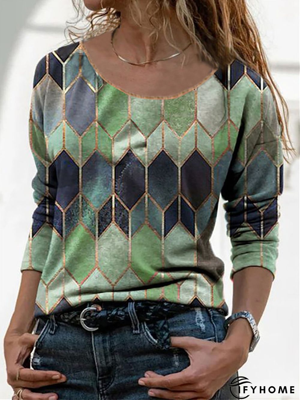 Women's Geometric Printed Roumd Neck Long Sleeve Casual Top | IFYHOME