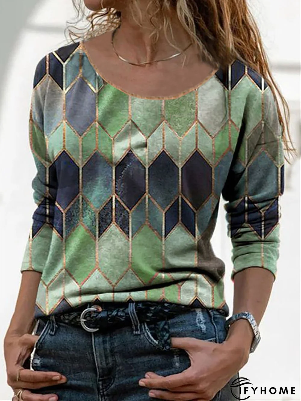 Women's Geometric Printed Roumd Neck Long Sleeve Casual Top | IFYHOME