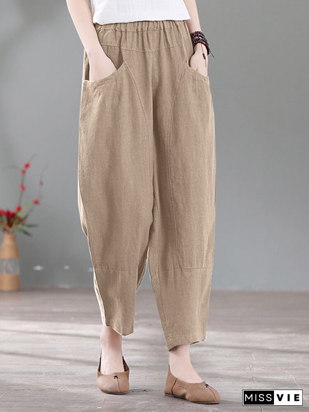 Solid Pocket Casual Cotton Pants