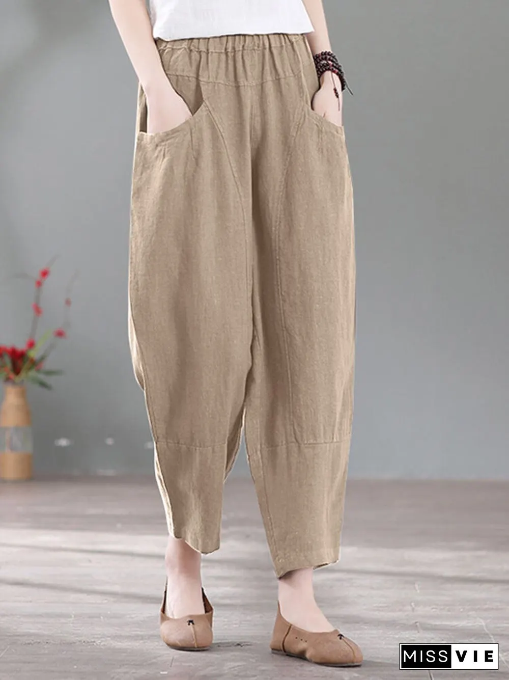 Solid Pocket Casual Cotton Pants