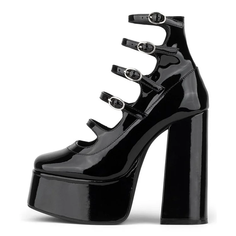 Black Square Toe Platform Chunky Heels Women's Office Strappy Pumps |FSJ Shoes
