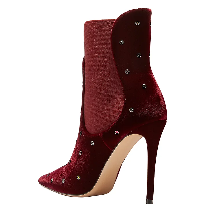 Burgundy Rhinestone Stiletto Heel Velvet Chelsea Boots Vdcoo