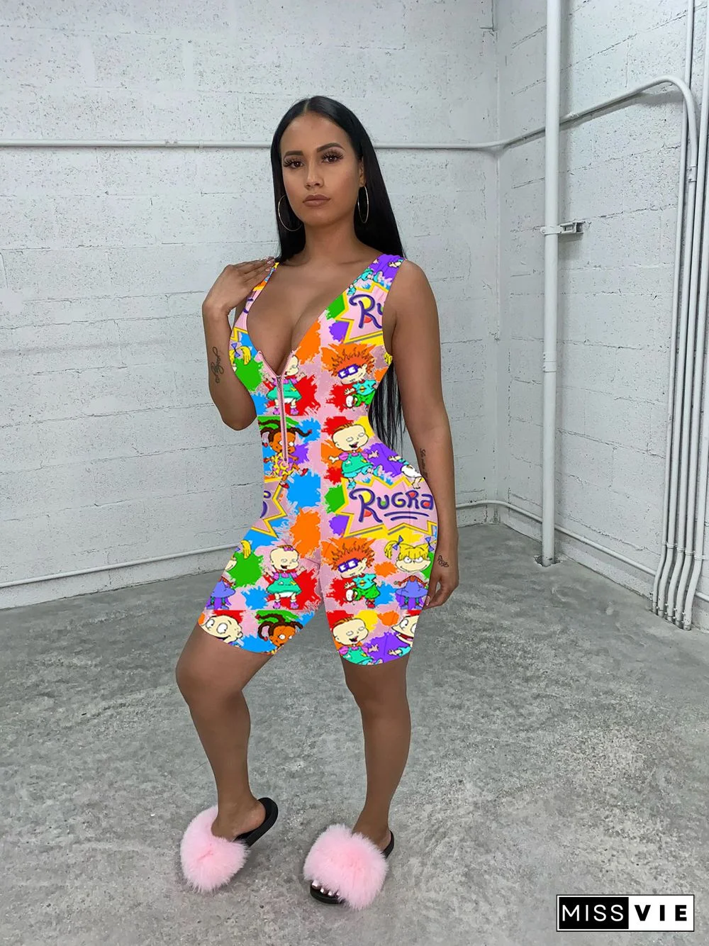 Sports Zipper Sleeveless Cartoon Print Rompers