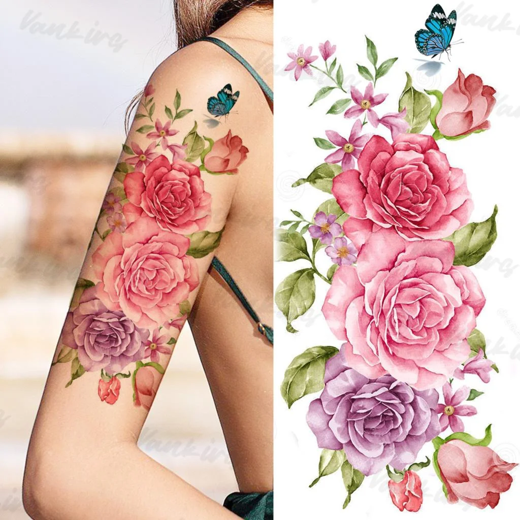 Sdrawing Flower Temporary Tattoos For Women Girls Realistic Lavender Butterfly Flower Fake Tattoo Sticker Forearm Body Tatoos 3D