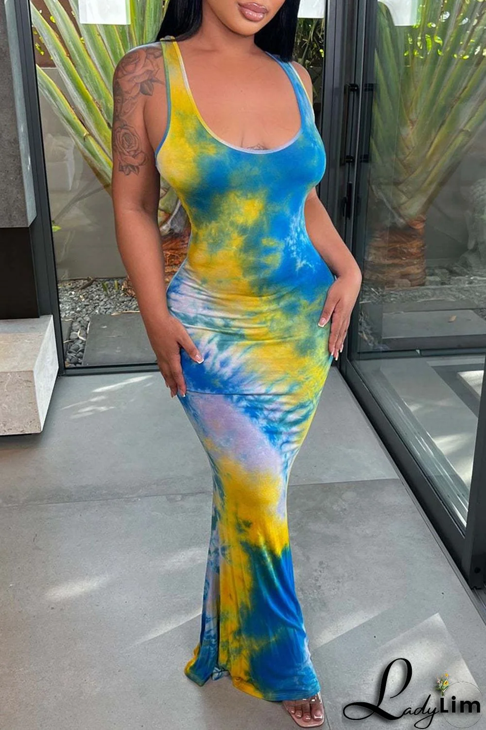 Blue Sexy Print Tie Dye Backless U Neck Vest Dress Dresses