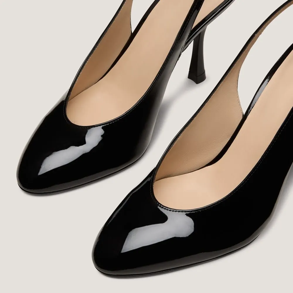 Sleek Black Patent Leather Round Toe Stiletto Heel Slingback Pumps
