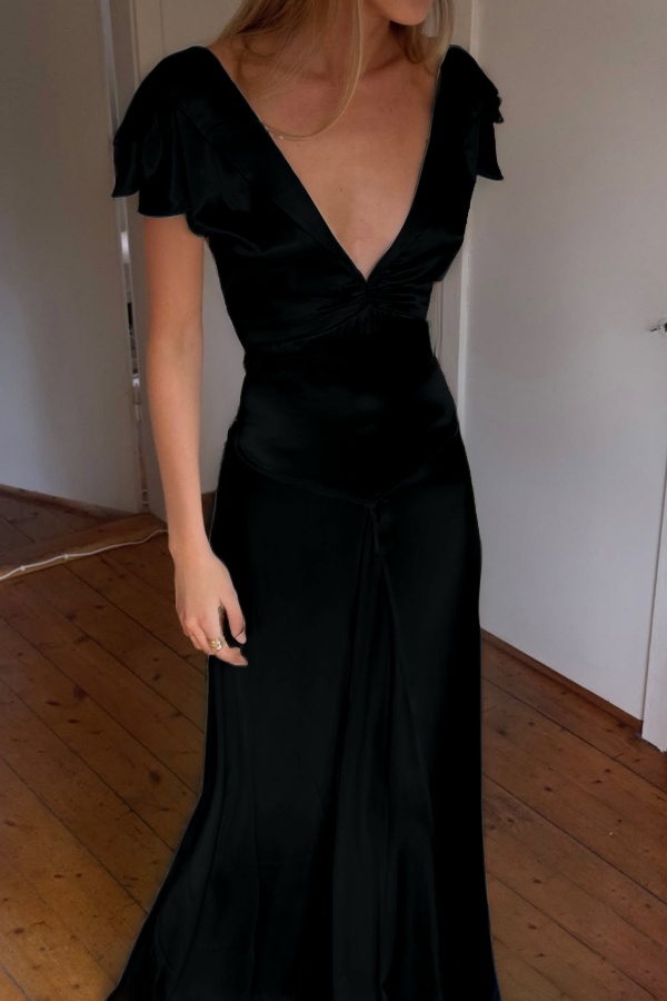 Lussooy Satin Elegant V Neck Ruffles Short Sleeves Prom Dress with Pleated 