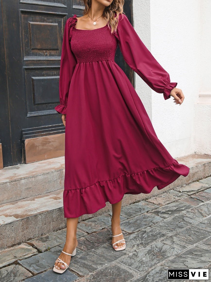 Casual Square Neck Long Sleeve Ruffle Dress