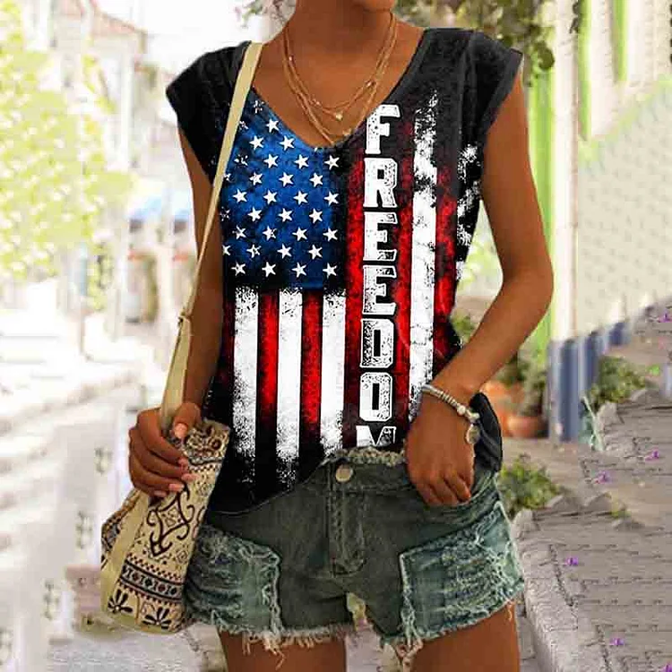 VChics FREEDOM Flag Print V-Neck Tank Top