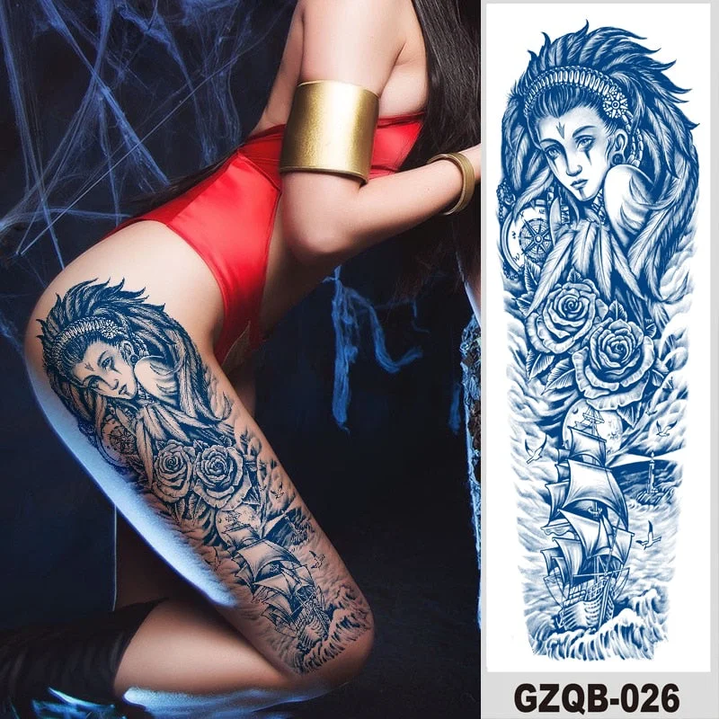 Temporary Flower Full Arm Tattoos Stickers Indian Wolf Dragon Navigator Totem Juice Ink Men Women Girl Leg Fake Tatoo Hot Sale