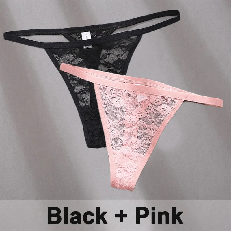 2PCS/Set Women's Underwear Lace Panties Floral Lingerie Woman Panties Sexy Thong G-String Female Pantys Perspective Intimates