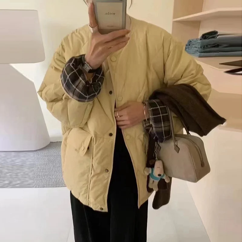 Woherb Down Jacket Short Style 2024 Winter Sweet Round Collar Grid Stitching Light Small Diamond Bread Coat Tide-Outfit Ideas