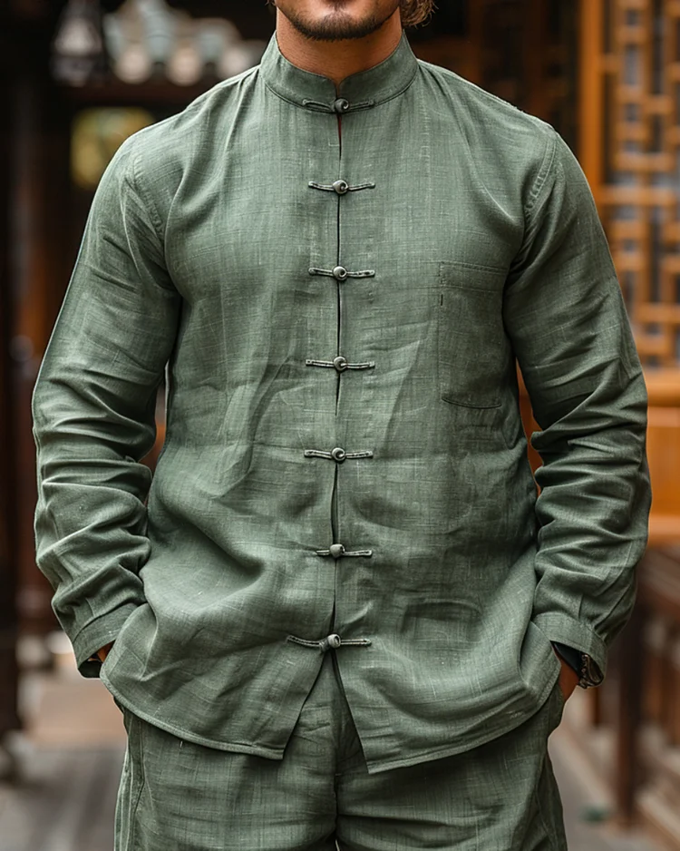 Men's Casual Button Linen Long Sleeve Shirt