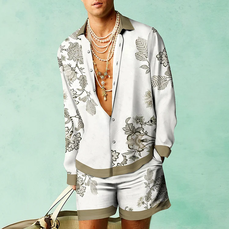 BrosWear White Holiday Baroque Shirt And Shorts Co-Ord