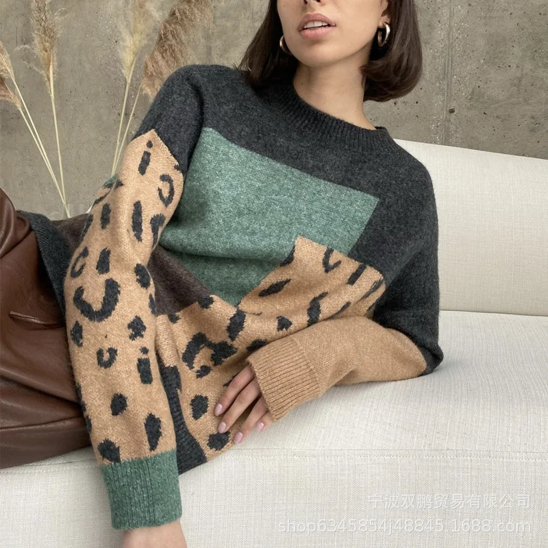 Athvotar Athvotar Leopard-Print Spliced Sweater Female Soft Thick Sheep Velvet Long Sleeve Knitted Tops In Wind
