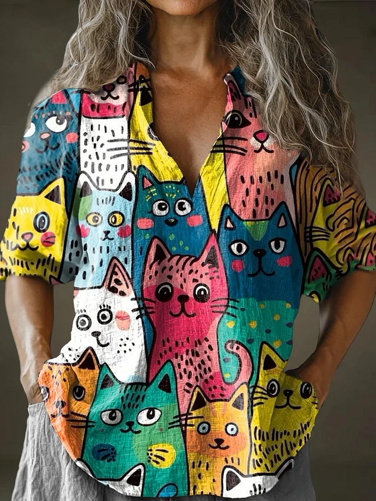 Womens Rainbow Cat Art Pattern Print Long Sleeve Comfortable Cotton And Linen Shirt