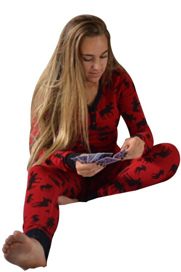 V-Neck Button Reindeer Printed Christmas Long Pajama Set Dark Red-elleschic