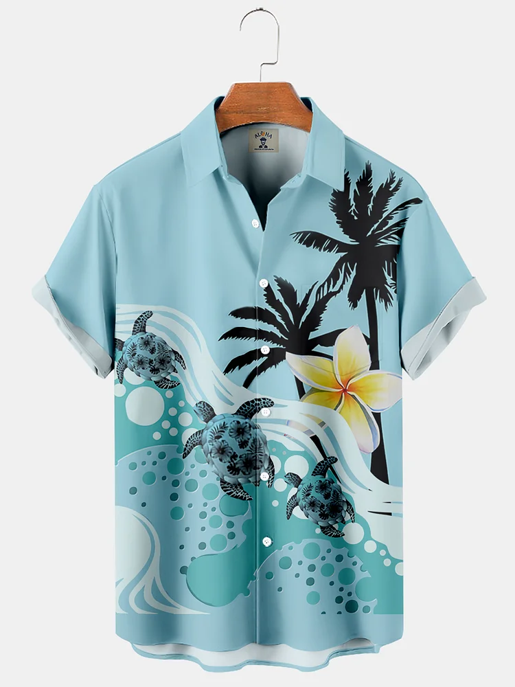 Men's Hawaiian Turtle and Palm Frangipani Print Short Sleeve Shirt