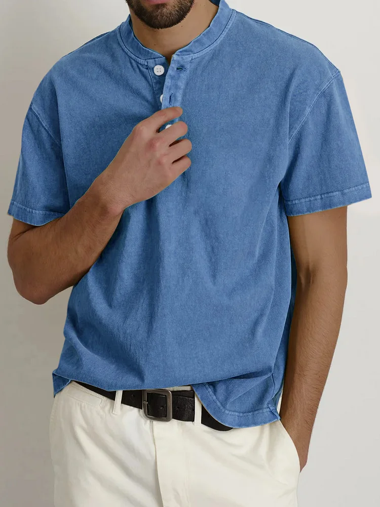 Men's Casual Vintage Button-down Short Sleeve Henley Shirt