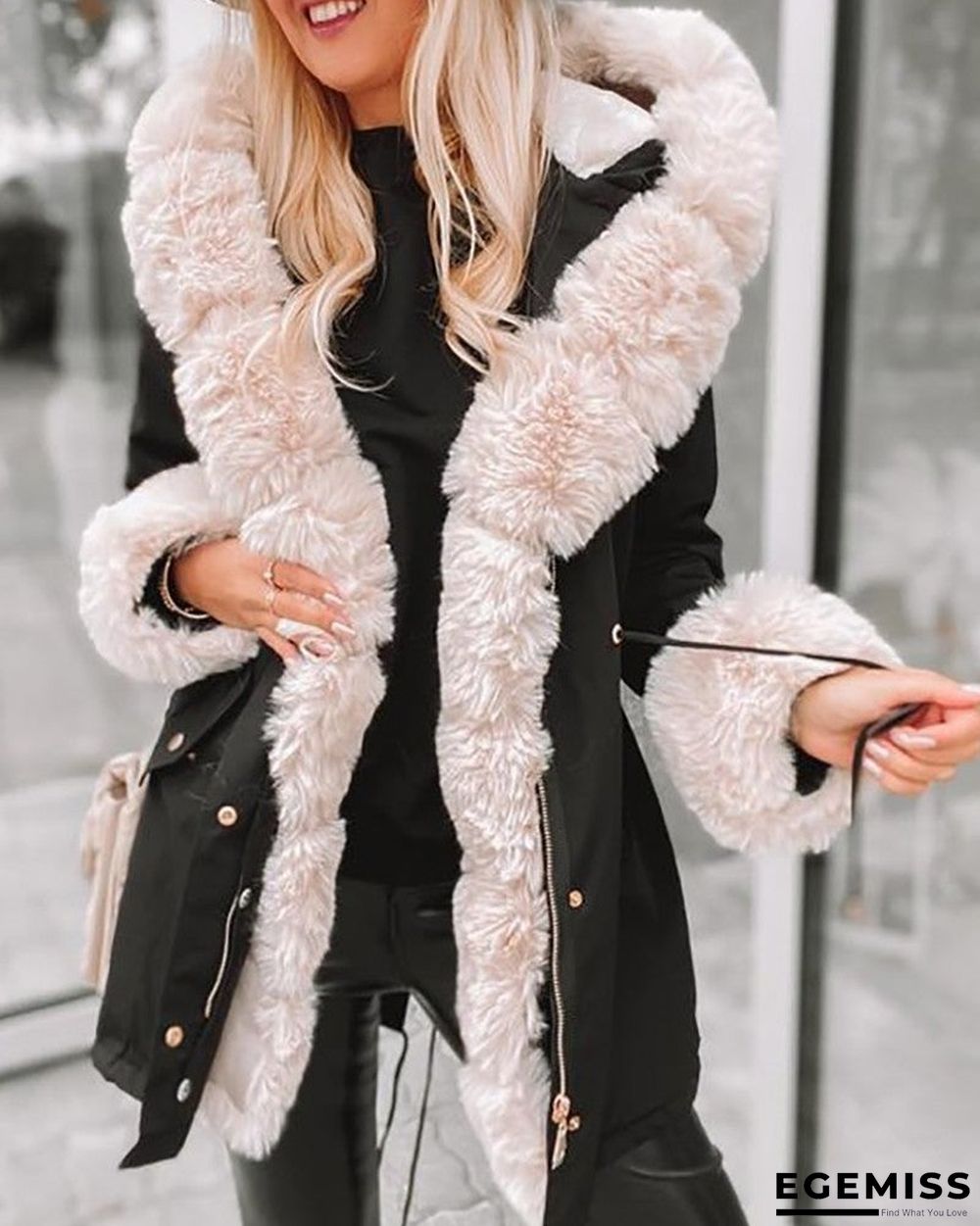 Faux Fur Patch Pocket Zipper Design Hooded Coat | EGEMISS