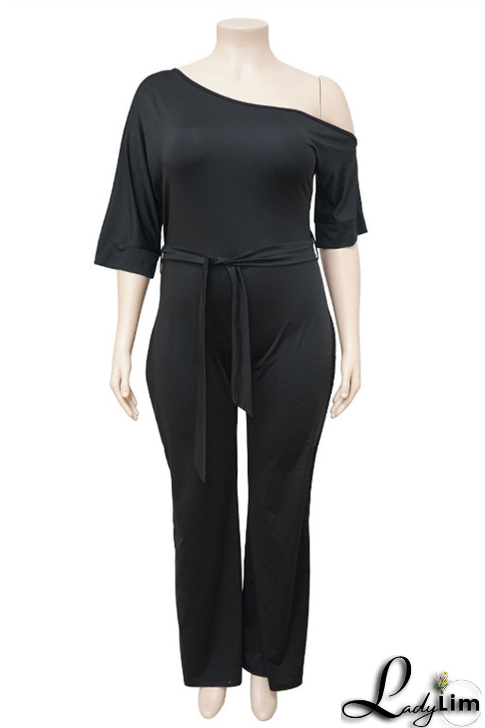 Red Fashion Casual Solid Basic Oblique Collar Plus Size Jumpsuits