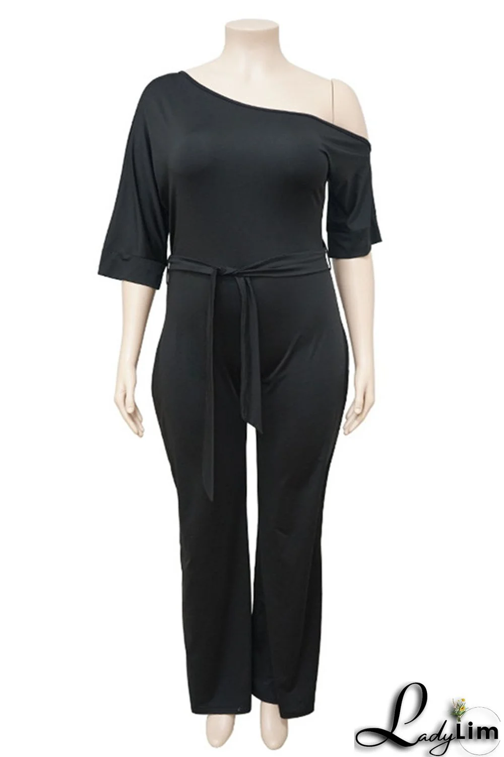 Red Fashion Casual Solid Basic Oblique Collar Plus Size Jumpsuits