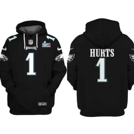 Men's Philadelphia Eagles #1 Jalen Hurts Black Super Bowl LVII Patch Pullover Hoodie