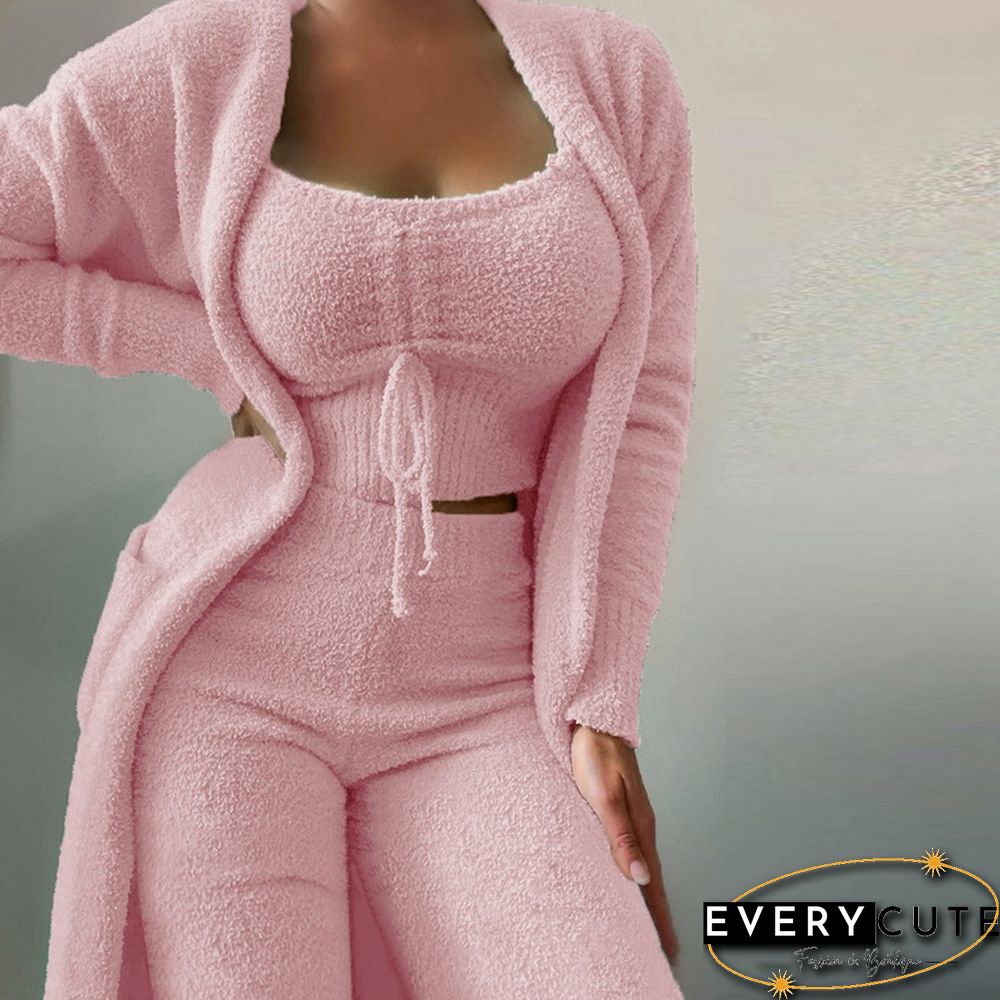 Autumn Winter New Women Fashion Casual Plush Lace-Up Vest+Long Cardigan+Trousers Suits Soft Fuzzy Solid Three Piece Set Outfits