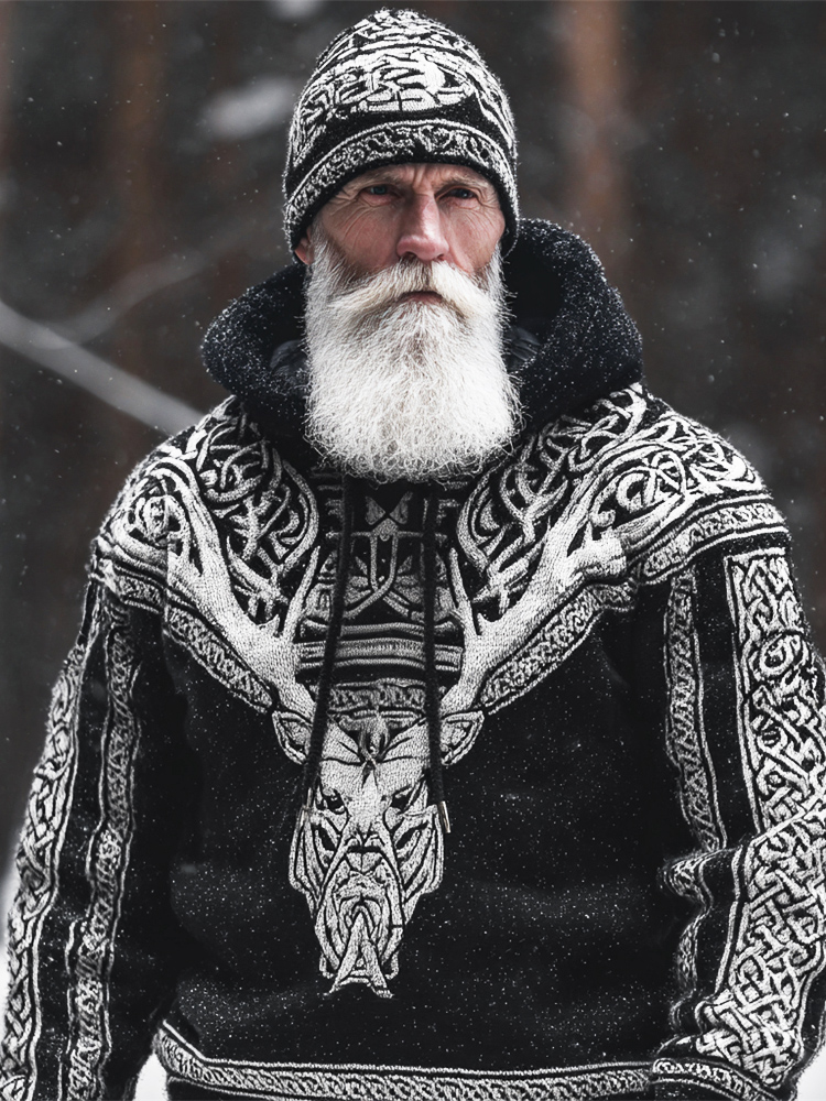 Viking Celtic Knot & Elk Art Men's Knit Hooded Sweater elevenforest