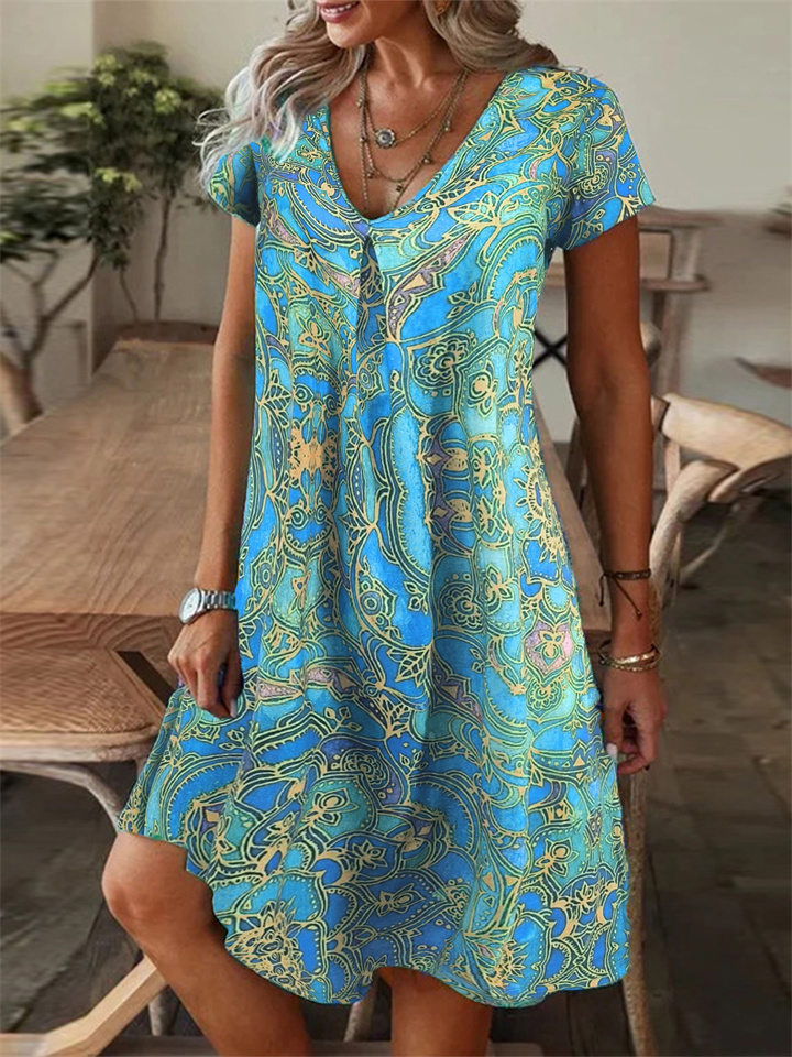 Summer New Women's Comfortable Casual V-neck Loose Printed Short-sleeved Loose Waist A-line Dress In Long Dresses