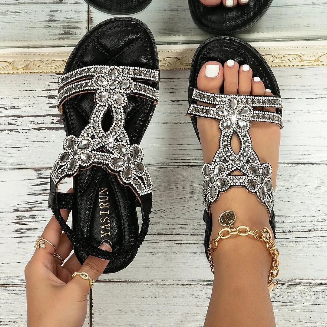 Women's Rhinestone Bohemian Beach Elastic Strap Slingback Sandals Shoes