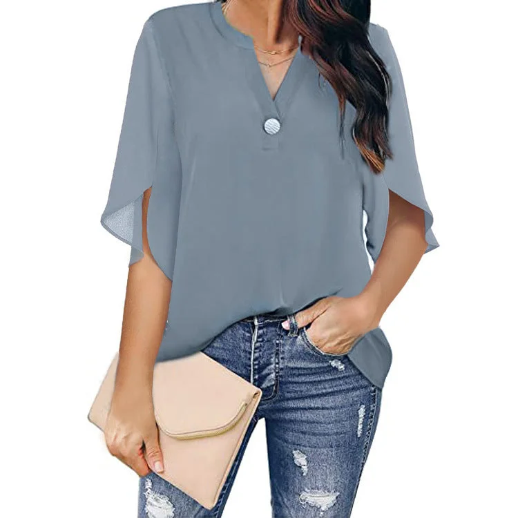 Women's Blouse For Work Short Sleeve Elegant Casual Solid Color V-Neck Shirt