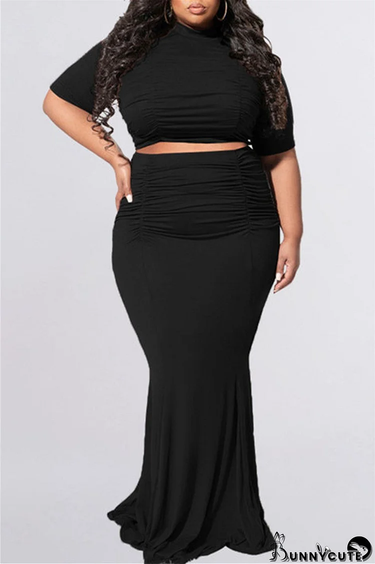 Black Fashion Casual Solid Fold O Neck Plus Size Two Pieces