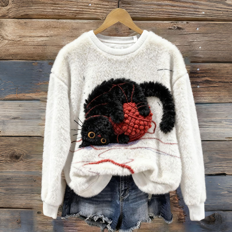 Cute Woolen Cat Plush Pattern Sweater elevenforest