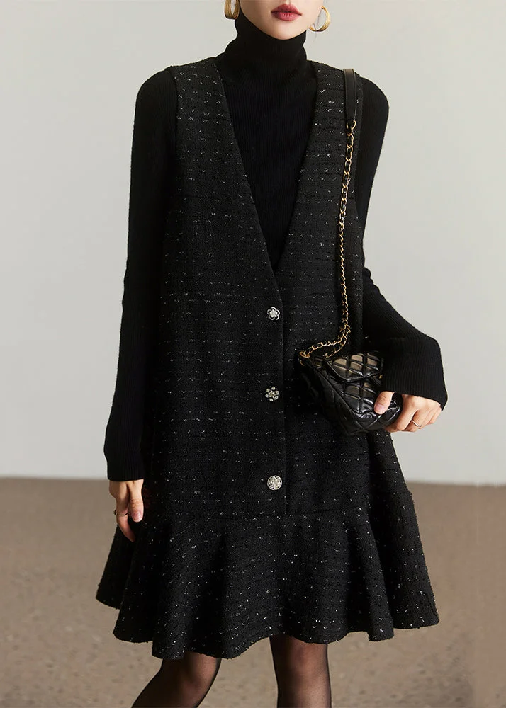French Black V Neck Button Patchwork Cotton Mid Dress Sleeveless