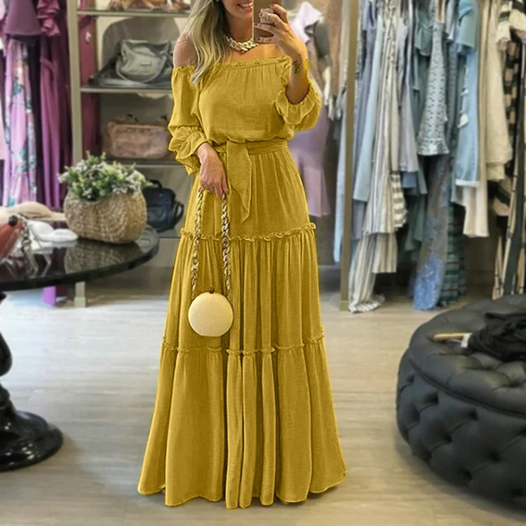 Plus Size Ruffled Bohemian off-the-Shoulder Maxi Dress VangoghDress