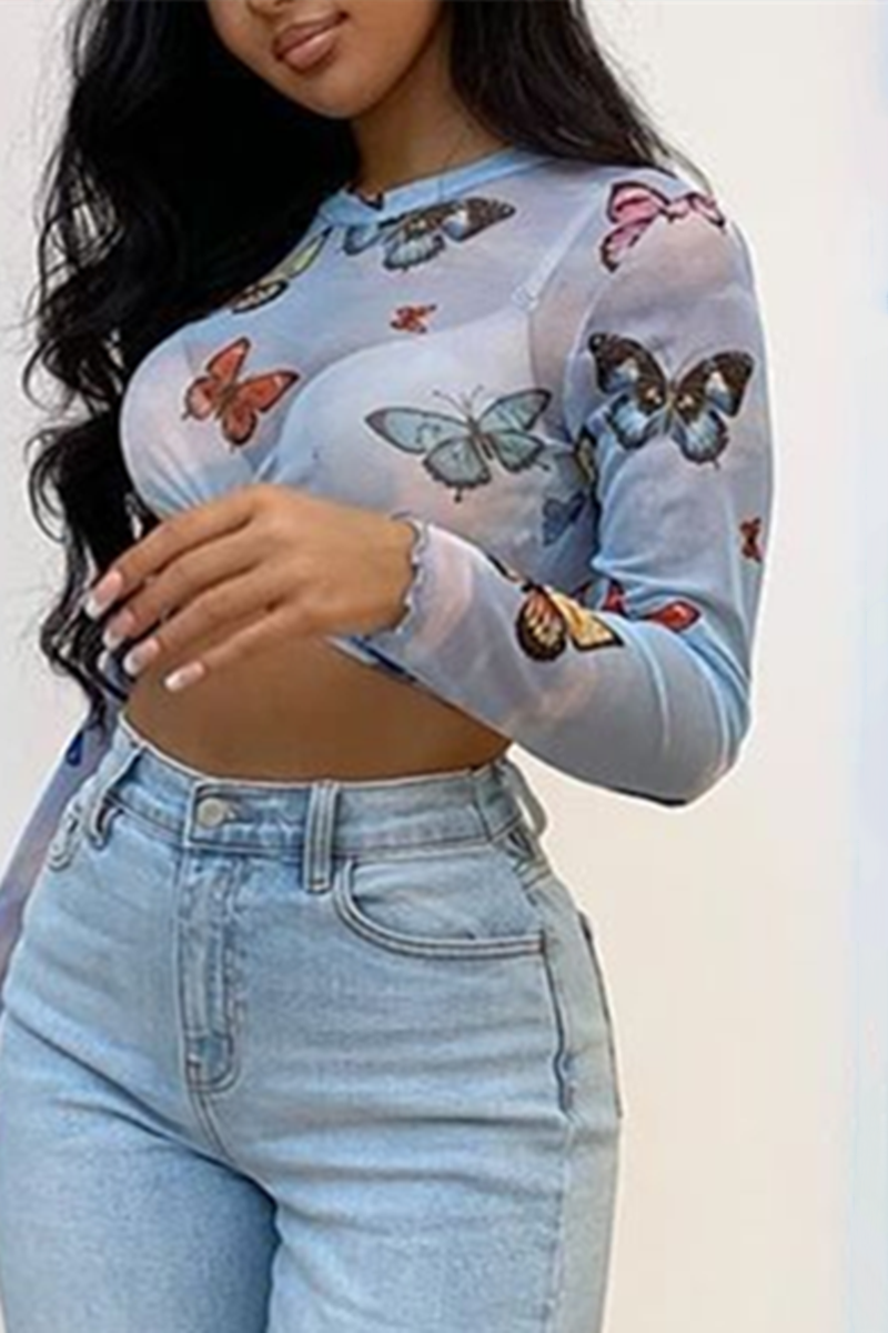 Light Blue Sexy Fashion Print Long Sleeve Top | EGEMISS