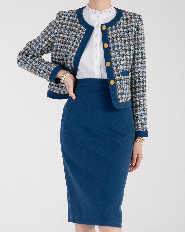 Elegant tweed jacket and skirt two-piece set