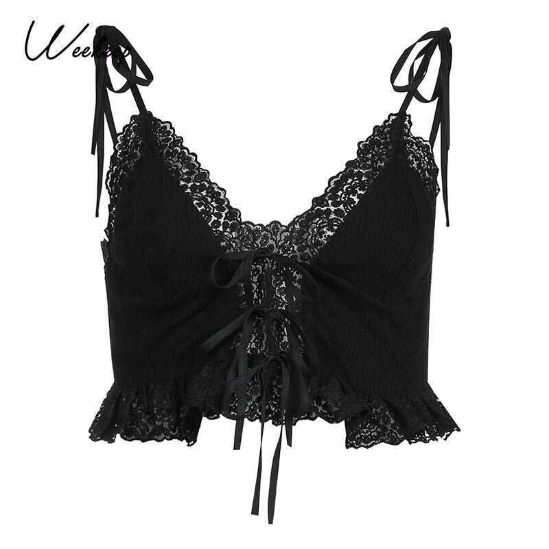 Weekeep Frill Lace Patchwork Sexy Crop Top Women Front Tie Up Streetwear Camisole Rib Knit Club V-neck Spaghetti Strap Party Tee