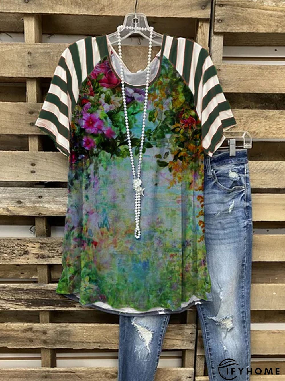 Plus Size Crew Neck Cotton-Blend Short Sleeve Vintage Floral T-shirt | IFYHOME