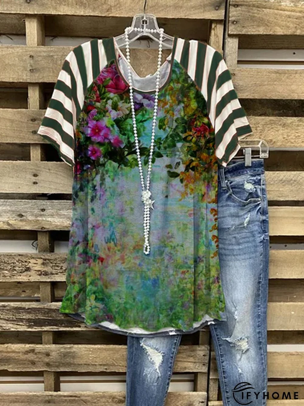 Plus Size Crew Neck Cotton-Blend Short Sleeve Vintage Floral T-shirt | IFYHOME